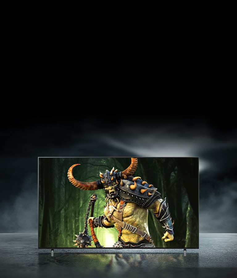 El televisor QNED cuelga sobre una pared roja y la pantalla muestra un buque pirata.