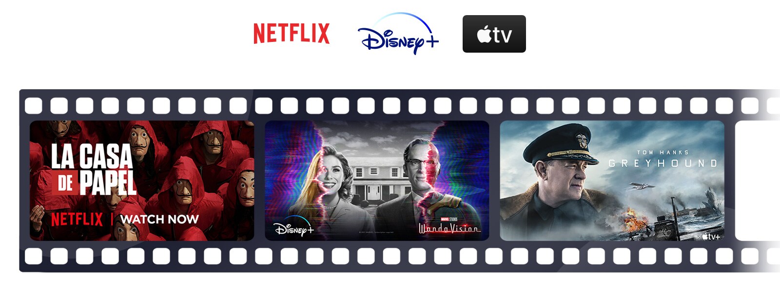 Los logos de Netflix, Disney+ y Apple TV están alineados horizontalmente. Debajo de los logos, pósters de La Casa de Papel de Netflix, WandaVision de Disney+ y Greyhound de Apple TV también están alineados horizontalmente.