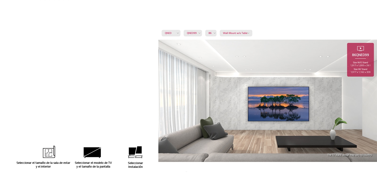 Un televisor de pantalla plana grande montado contra una pared gris rodeado de muebles modernos grises y negros. La pantalla muestra tres árboles reflejados en el agua en una escena de atardecer.