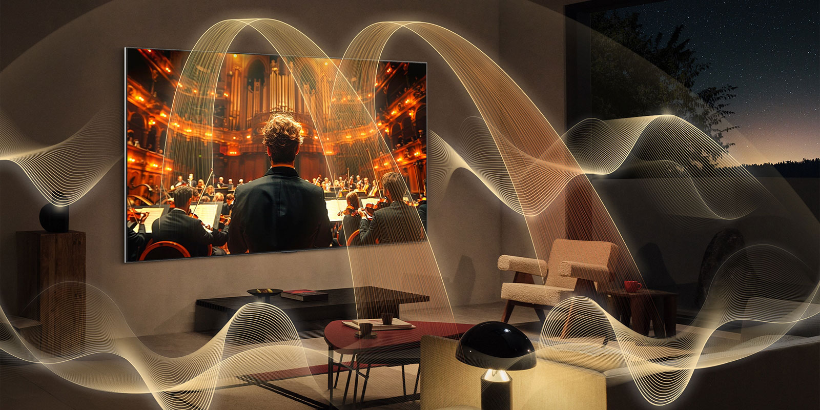 Sala de estar con una LG TV. Representaciones gráficas de ondas de sonido llenan todo el espacio y muestran el intenso sonido envolvente de los canales virtuales 11.1.2. 