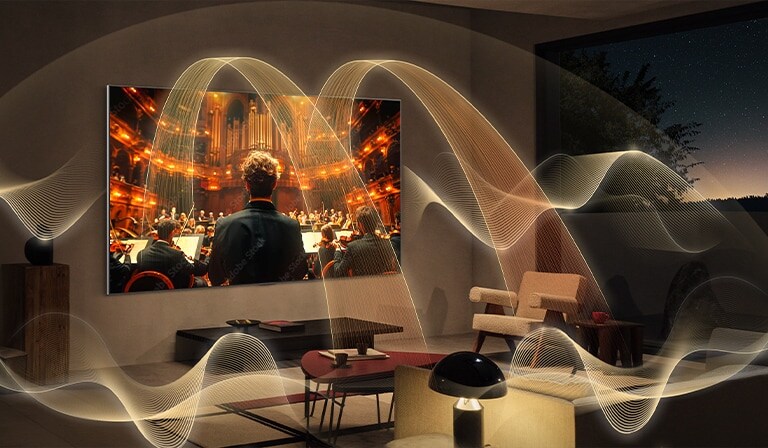 Sala de estar con una LG TV. Representaciones gráficas de ondas de sonido llenan todo el espacio y muestran el intenso sonido envolvente de los canales virtuales 11.1.2. 