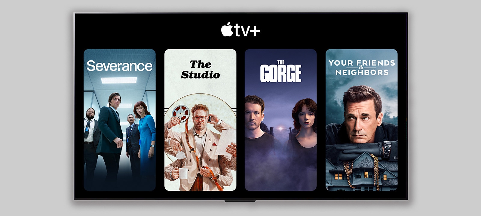 En la LG TV, se muestran miniaturas de cuatro programas de televisión (Severance, The Studio, The Gorge y Your Friends and Neighbors) debajo de Apple (logotipo) TV+.