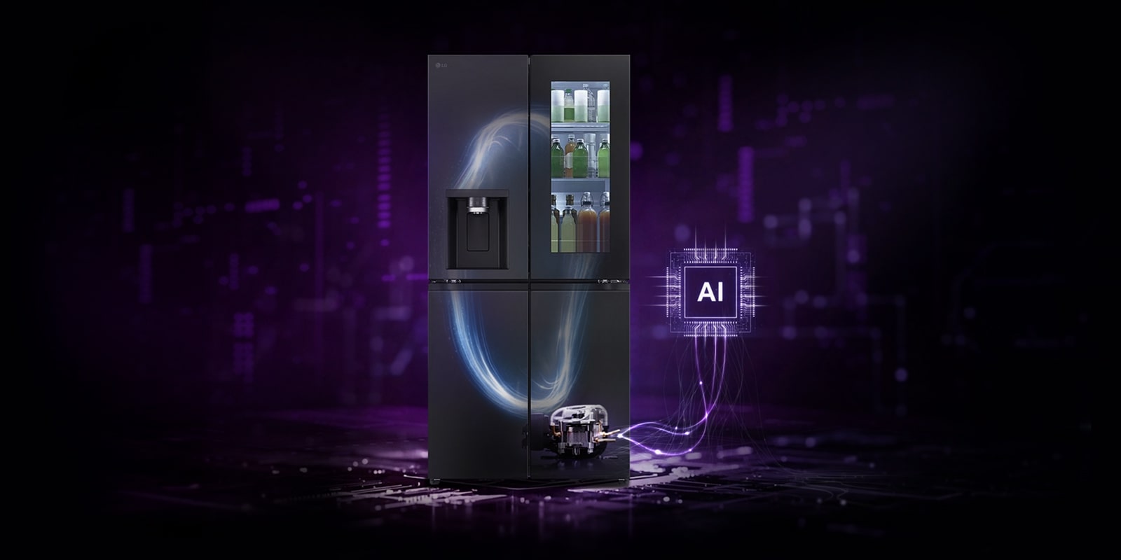 Refrigerador LG con ilustración visible del sistema de almacenamiento y enfriamiento de bebidas, conectado a un ícono de procesador de AI