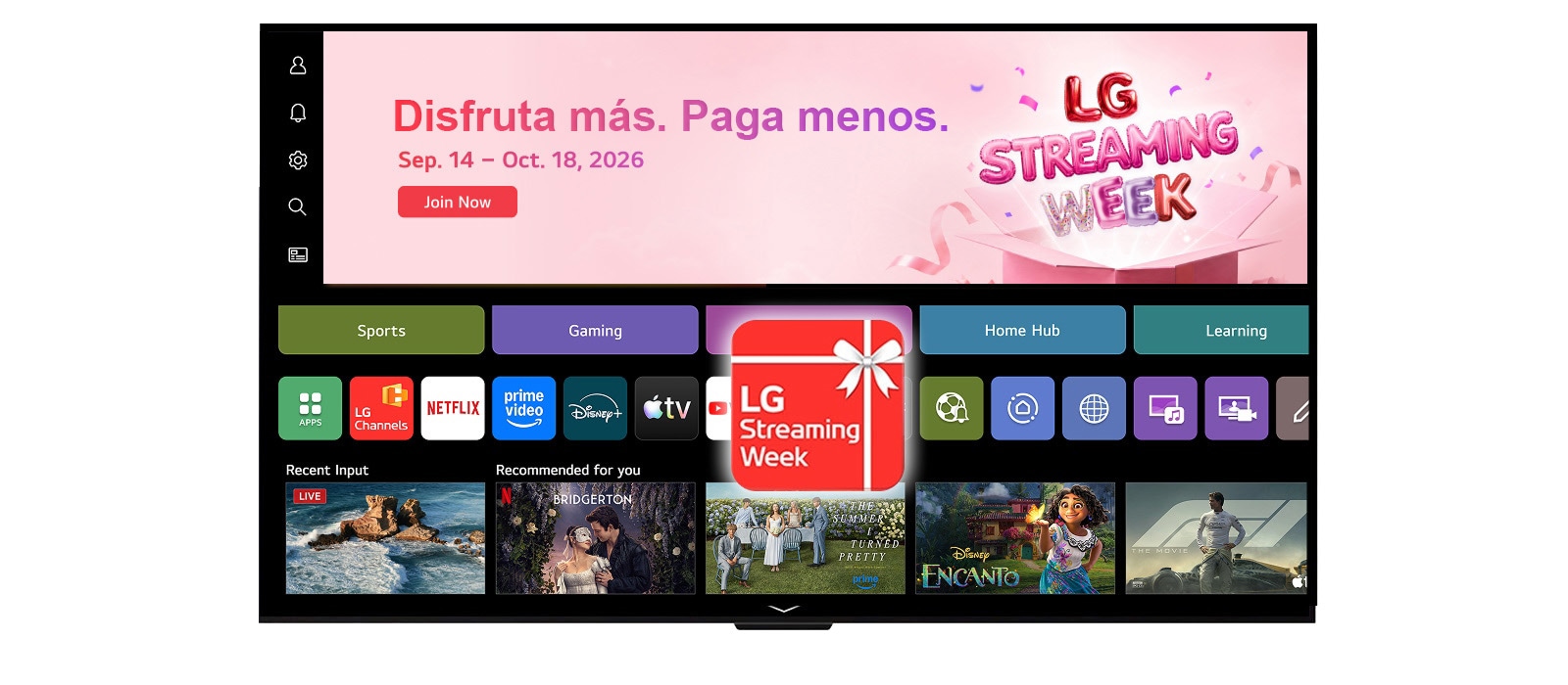 WebOS Home UI que presenta un banner de LG Streaming Week y un ícono de aplicación, con aplicaciones de transmisión y contenido recomendado mostrados en la pantalla.