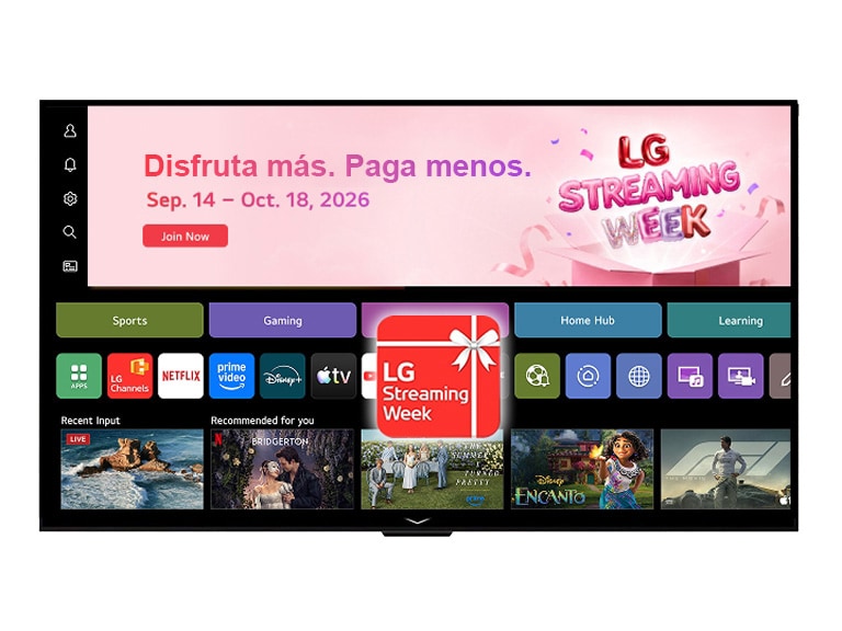 WebOS Home UI que presenta un banner de LG Streaming Week y un ícono de aplicación, con aplicaciones de transmisión y contenido recomendado mostrados en la pantalla.
