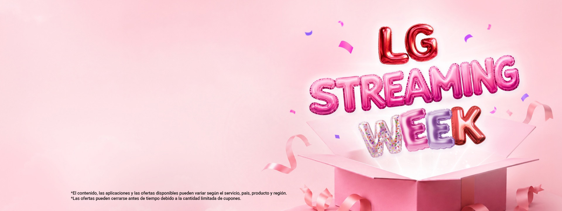 Las coloridas letras estilo globo “LG Streaming Week” surgen de una caja de regalo rosa abierta, rodeada de cintas y confeti sobre un fondo rosa suave.