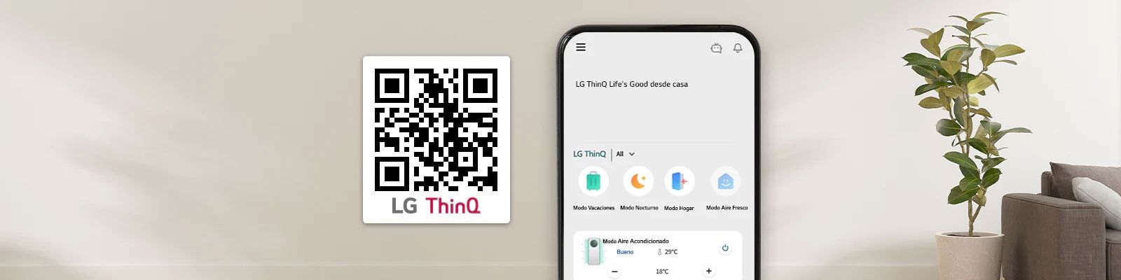 Hay un teléfono móvil en el suelo redondo en el fondo beige y hay una imagen de electrodomésticos en cinco círculos redondos con el teléfono móvil en el centro