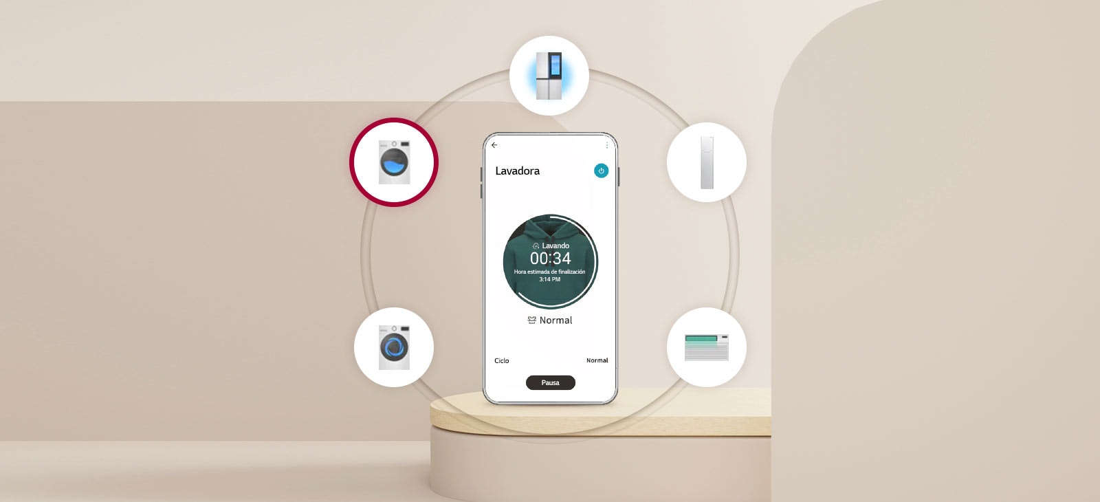  El proceso de instalación de la aplicación de LG ThinQ se explica por orden en las cuatro imágenes del teléfono