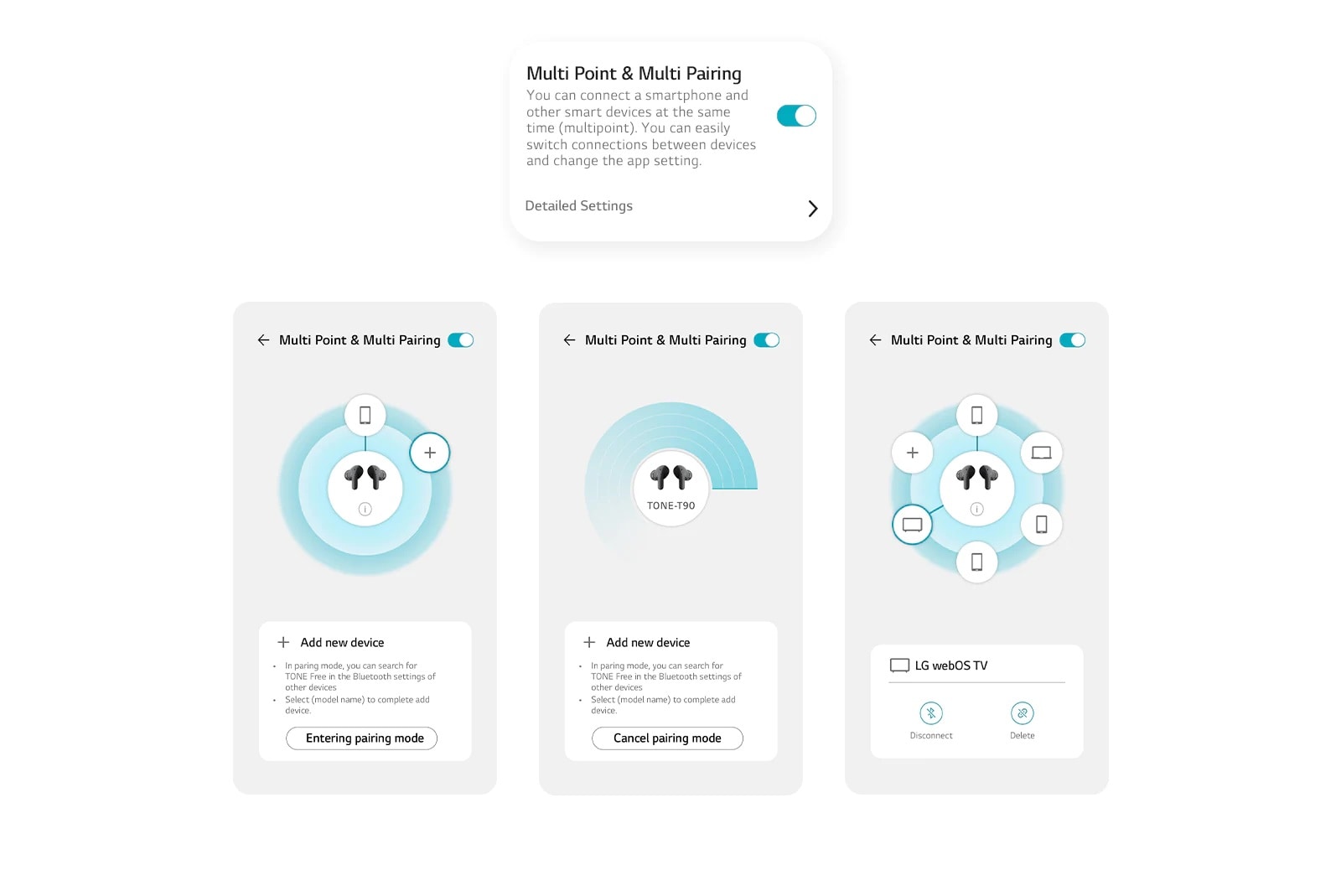 Imágenes de las funciones Multipunto y Multiemparejamiento en la aplicación.
