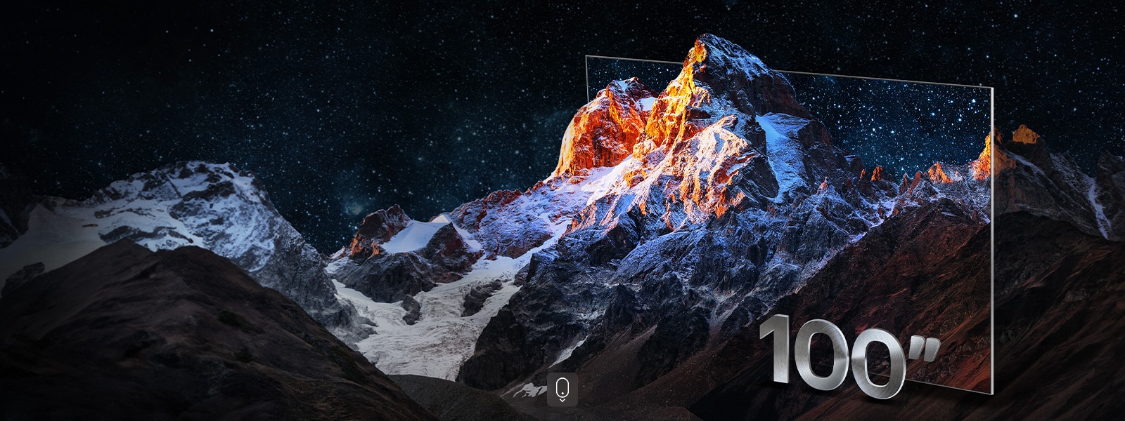 Cordillera con el marco de una televisión alrededor como forma creativa de destacar el gran tamaño de la pantalla. Con la etiqueta de 100 pulgadas.