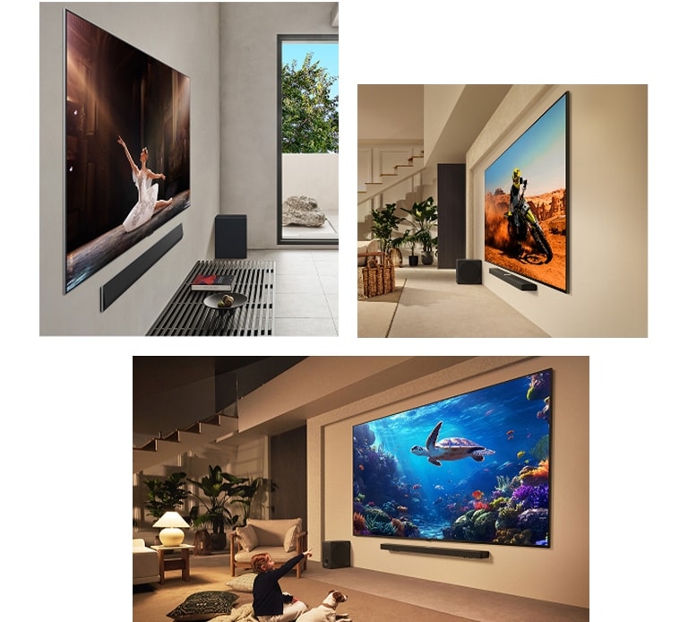 Diferentes salas de estar con diferentes televisiones ultragrandes LG montadas en la pared. En cada uno de estos espacios, la televisión ultragrande se combina con una barra de sonido LG Soundbar. 