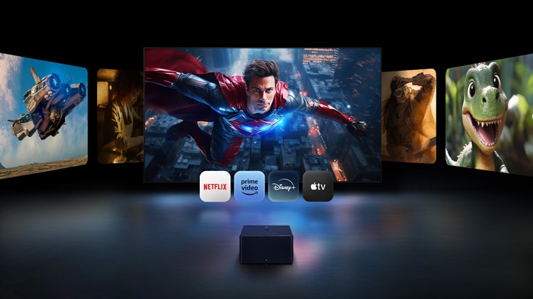 Diferentes pantallas que muestran una gran variedad de contenidos 4K. También se ven los logotipos de las plataformas de streaming OTT más populares. Netflix, Amazon Prime Video, Disney+ y Apple TV. 