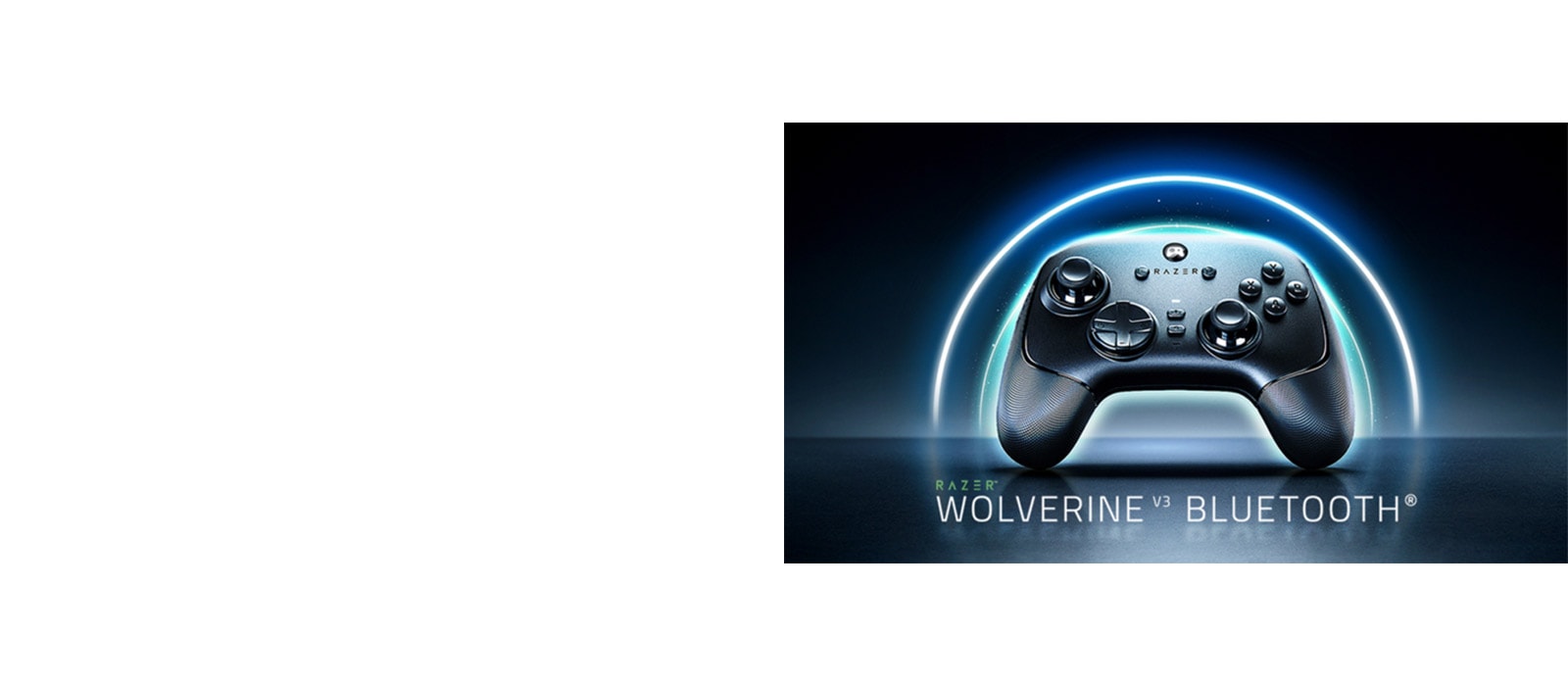 La imagen muestra el controlador Bluetooth LG Razer Wolverine sobre un fondo oscuro, rodeado por un círculo azul brillante, resaltando el nombre del producto de manera prominente debajo.