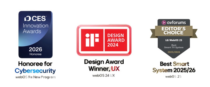 Logotipos de premios que incluyen CES, iF Design Award y AVForums Editors' Choice