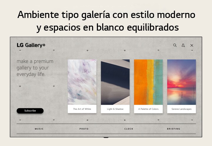 LG Gallery+ presenta una interfaz de usuario de inicio visualmente atractiva con colecciones de arte seleccionadas.