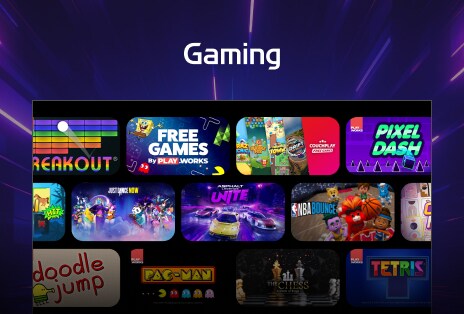 La interfaz de juegos presenta un diseño colorido que muestra una selección de juegos casuales disponibles en el televisor LG con el título Gaming en la parte superior.