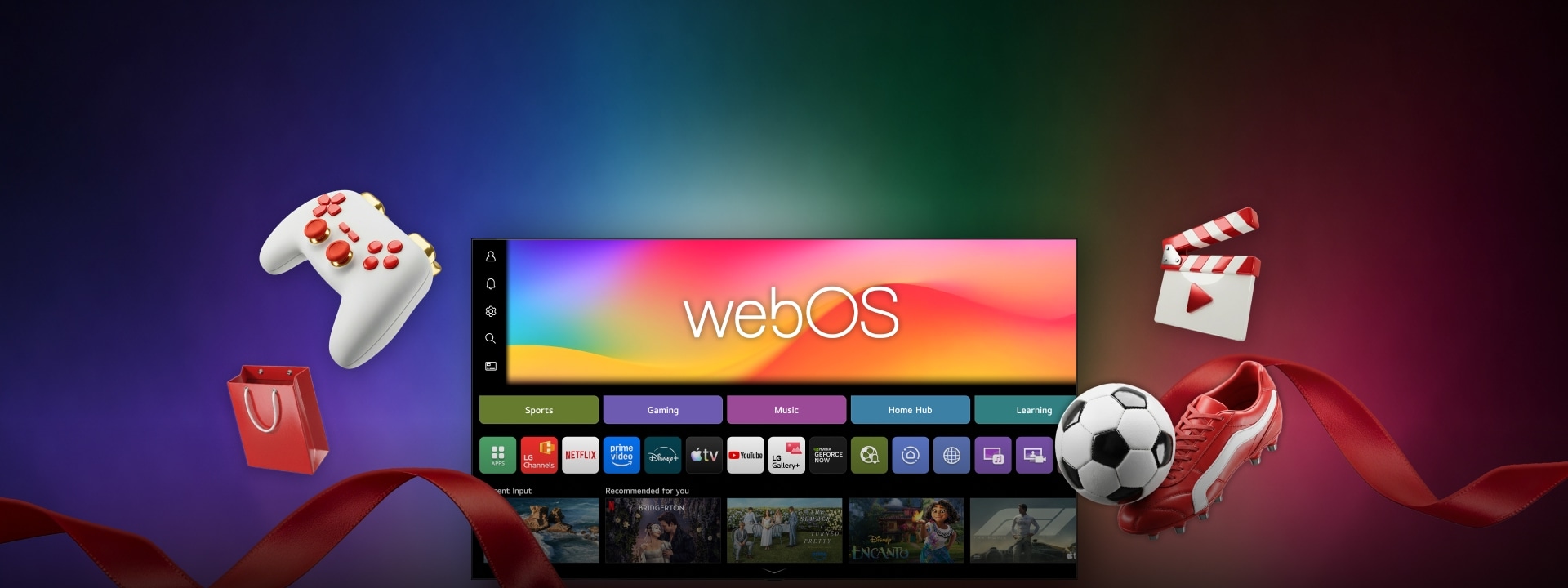 LG webOS presenta ofertas especiales de transmisión resaltadas sobre un fondo vibrante, mostrando categorías de deportes, juegos y música junto con íconos promocionales.