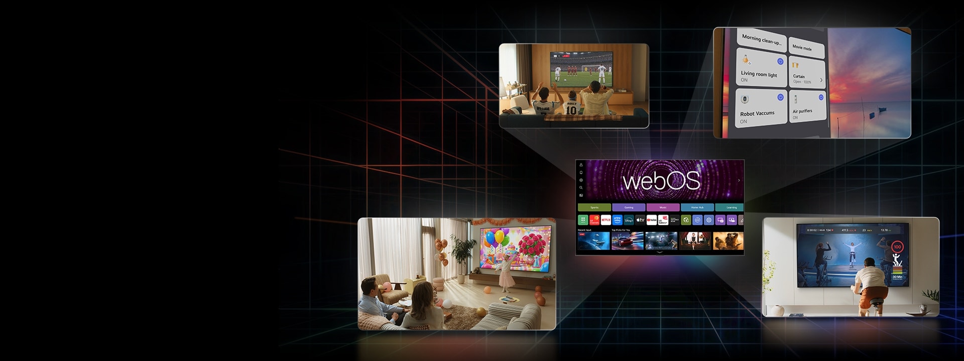 La imagen de LG AI TV incluye una interfaz principal central de webOS con múltiples actividades de usuario y contenido variado que se muestra a su alrededor, destacando su funcionalidad.