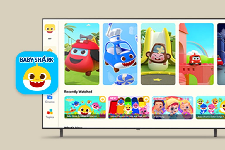 Logotipo de Pinkfong mostrado frente al televisor LG