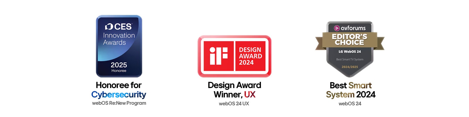 Logotipos de premios, entre los que se incluyen CES, iF Design Award y AVForums Editors' Choice