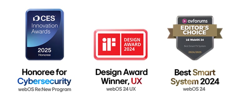 Logotipos de premios, entre los que se incluyen CES, iF Design Award y AVForums Editors' Choice
