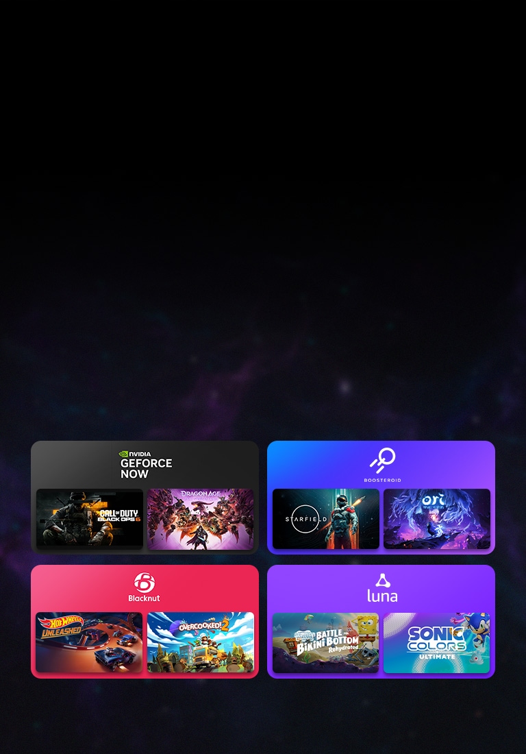 Cuatro casillas de colores, cada una con el logotipo de un servicio de juegos en la nube y dos imágenes en miniatura de juegos, que destacan plataformas populares de juegos en la nube como GeForce NOW y Boosteroid, accesibles desde el portal de juegos de LG.