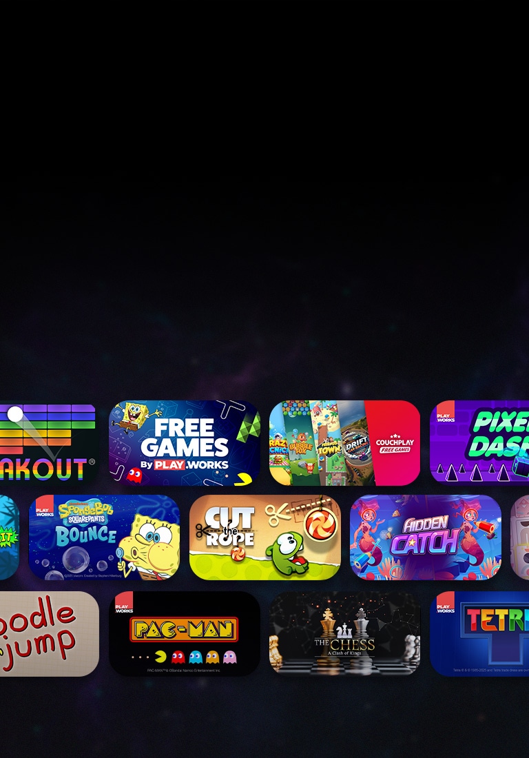 Varias imágenes en miniatura de juegos casuales ordenadas en tres filas en una LG TV, que ofrecen cientos de juegos gratuitos fáciles de jugar, ideales para divertirse solo o con otros jugadores usando solo el control remoto.