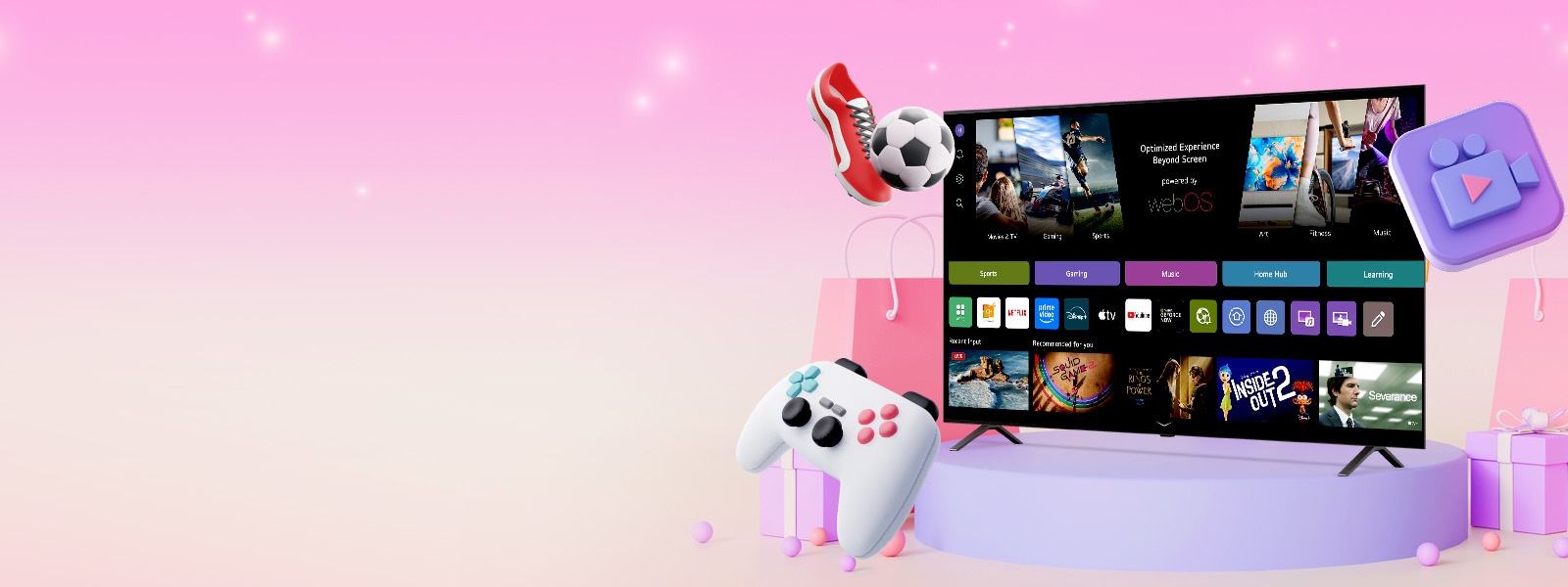 Una LG Smart TV rodeada de cajas de regalo y bolsas de compras, con ofertas especiales por tiempo limitado y eventos exclusivos en streaming disponibles en la plataforma webOS.