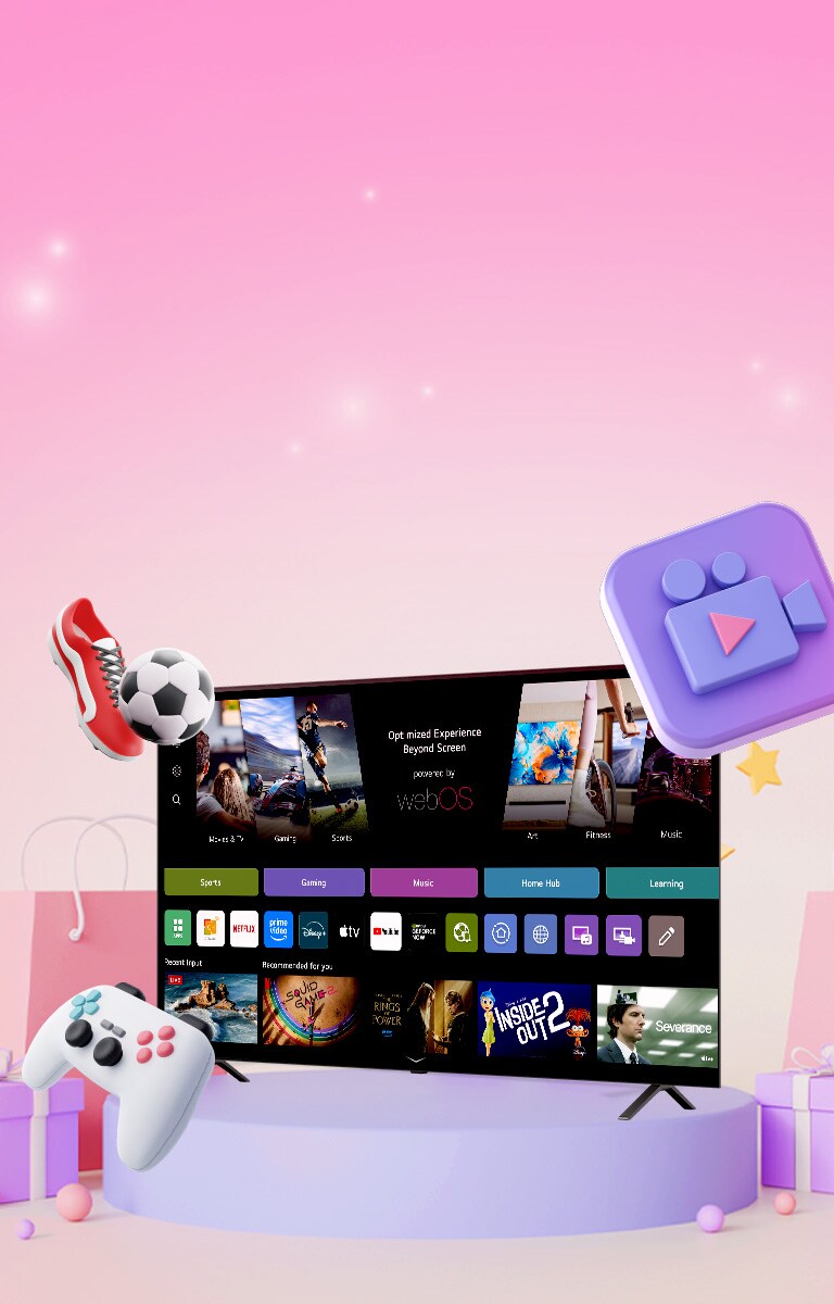 Una LG Smart TV rodeada de cajas de regalo y bolsas de compras, con ofertas especiales por tiempo limitado y eventos exclusivos en streaming disponibles en la plataforma webOS.