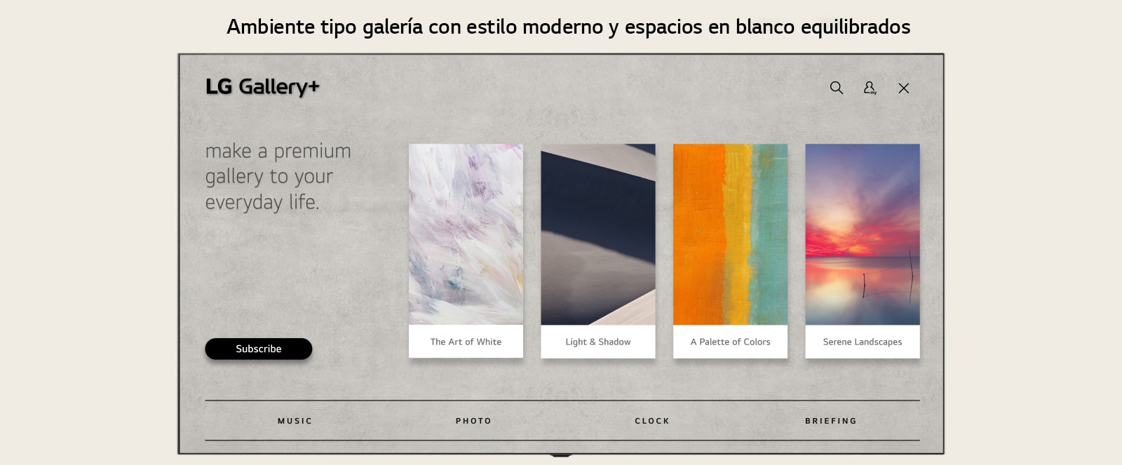 LG Gallery+ presenta una interfaz de usuario de inicio visualmente atractiva con colecciones de arte seleccionadas.