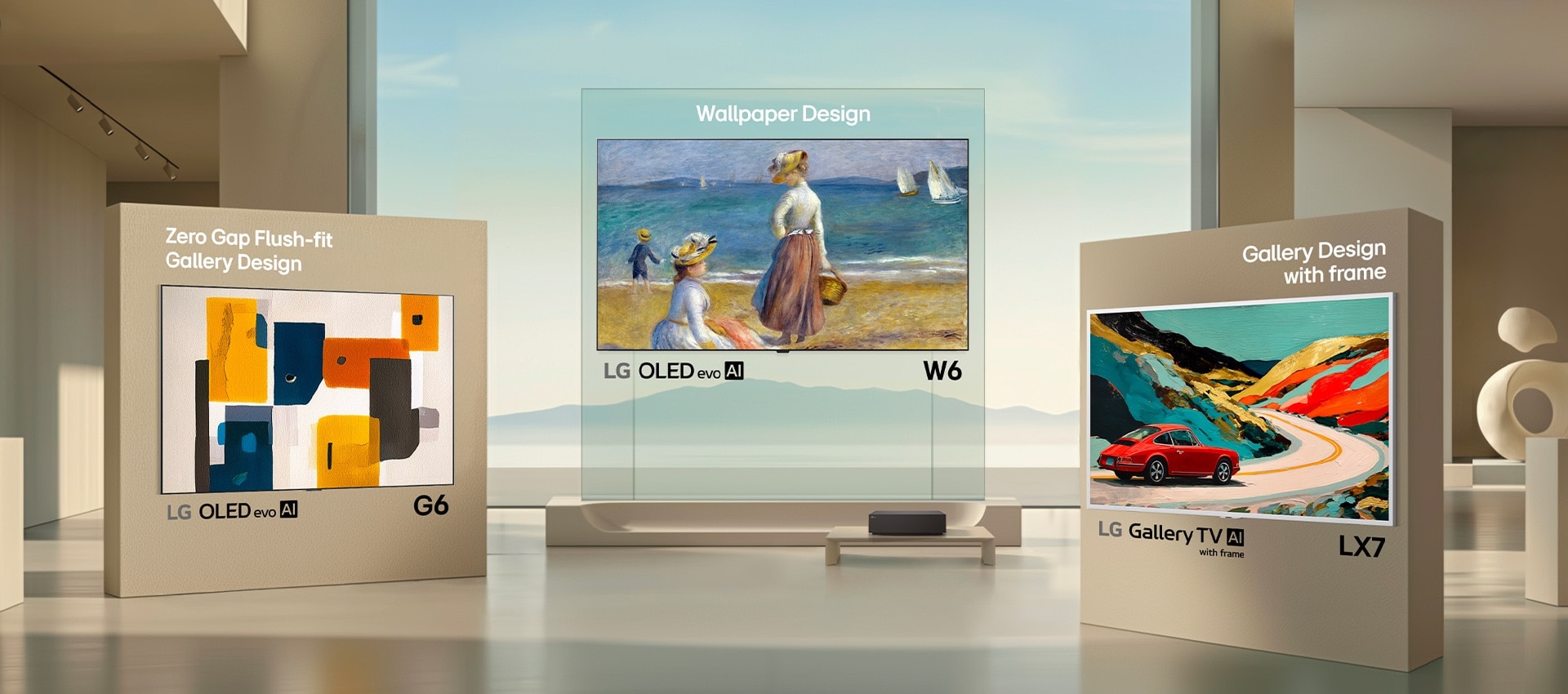LG Gallery TV exhibido en una acogedora sala de estar, con un delgado marco de TV blanco y obras de arte en la pantalla, mezclándose perfectamente con el interior como una pieza de galería enmarcada.