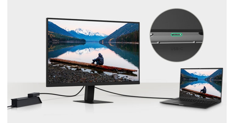 An image of a laptop and monitor connected with a single USB-C cable.