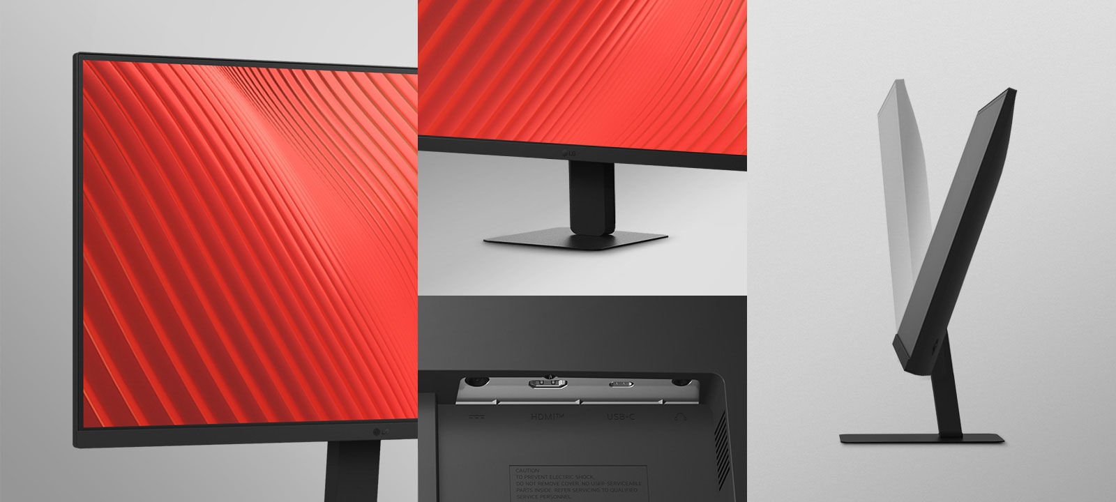 The image shows slim bezel on three sides, a sleek stand, various ports, and the tilt view of the monitors.