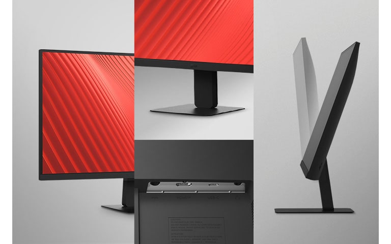 The image shows slim bezel on three sides, a sleek stand, various ports, and the tilt view of the monitors.