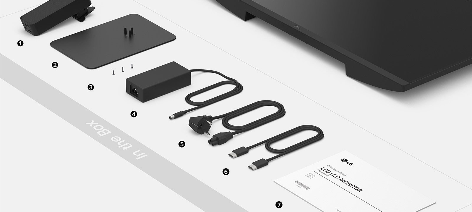 Stand body, Stand base, Screws, Power adapter, Power code, HDMI cable and Setup guide in the box.	