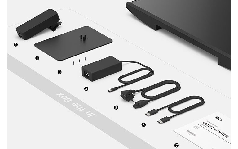 Stand body, Stand base, Screws, Power adapter, Power code, HDMI cable and Setup guide in the box.	