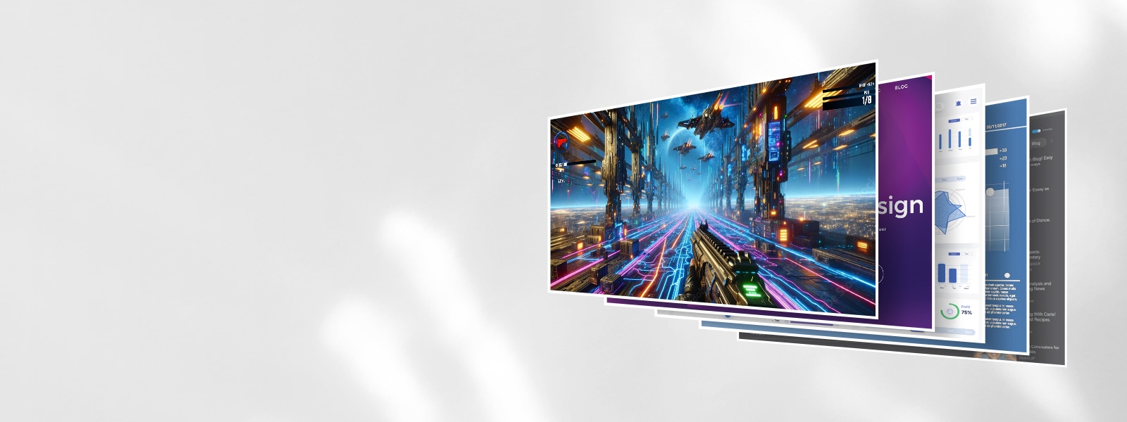 A promotional graphic for a 100Hz refresh rate monitor. On the left, text highlights benefits like fluid visuals and seamless workflow. On the right, multiple overlapping screens show a sci-fi shooting game, charts, and design software, illustrating smooth performance across tasks.