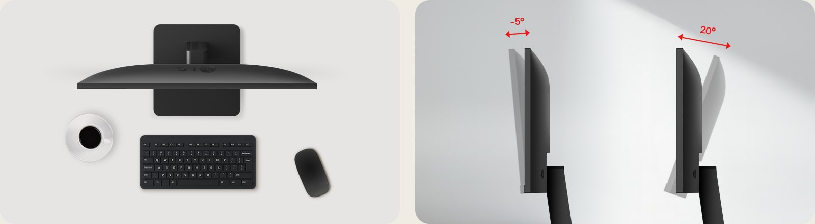 A top-down view of a minimalist workspace with a monitor, keyboard, mouse, and coffee cup on the left, and a side view of the same monitor on the right showing its tilt adjustability range from -5° to 20°.