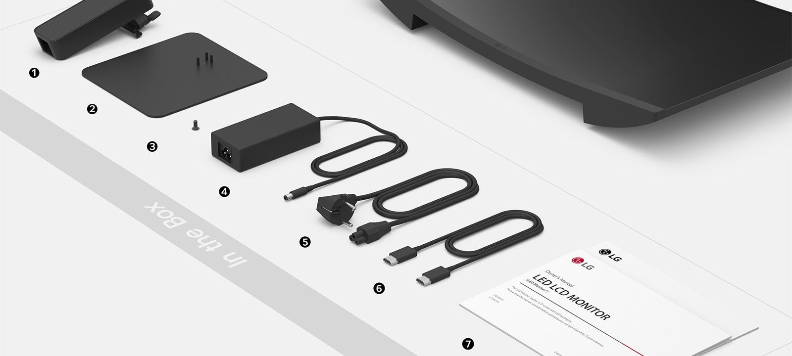 Cuerpo del soporte, base del soporte, tornillos, adaptador de corriente, código de alimentación, cable HDMI y guía de configuración en la caja.