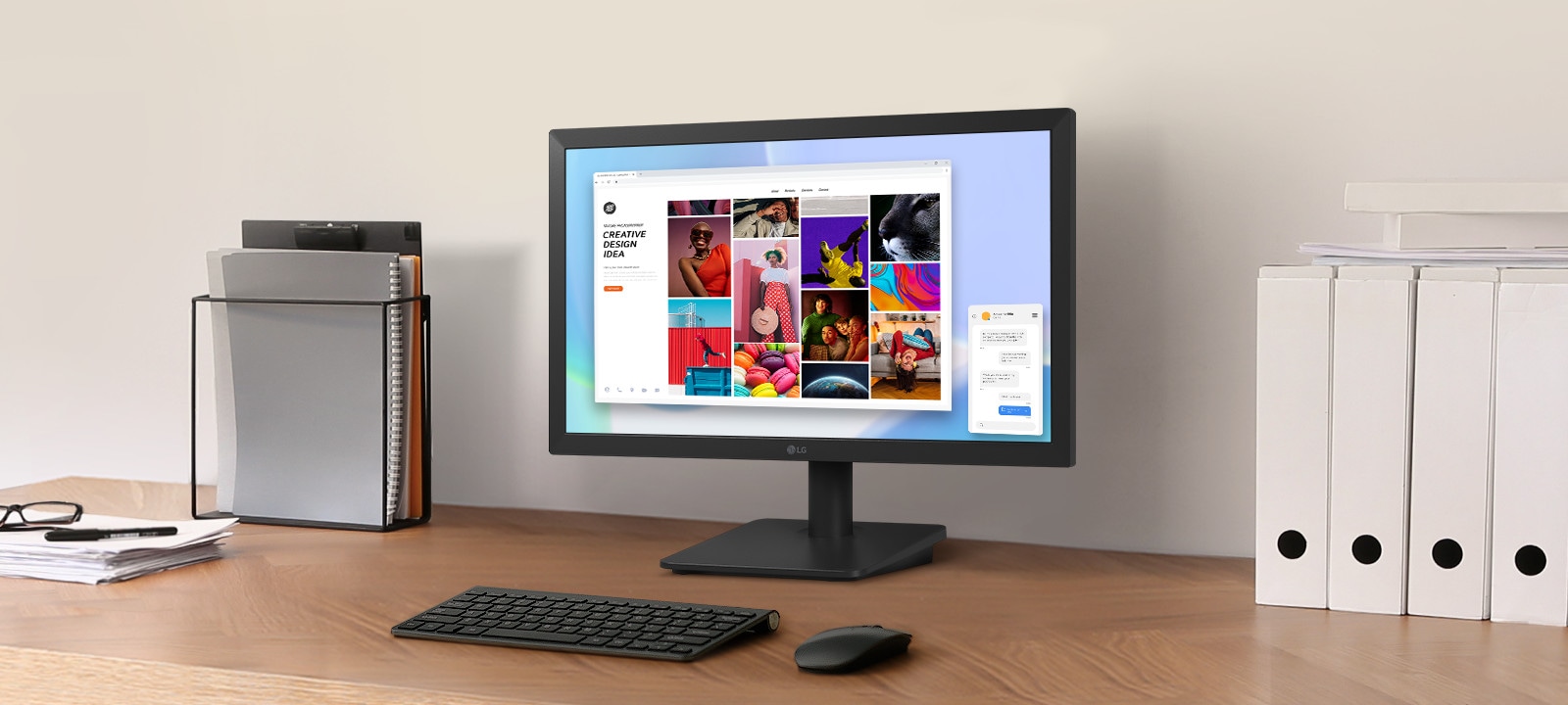 Monitor LG de 19.5" en escritorio, mostrando contenido creativo para un entorno de trabajo cómodo.