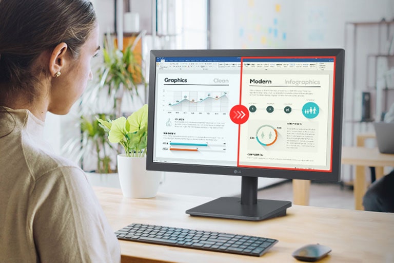 Persona usando un monitor LG en Modo Lector, ajustando temperatura y brillo para una lectura más cómoda.