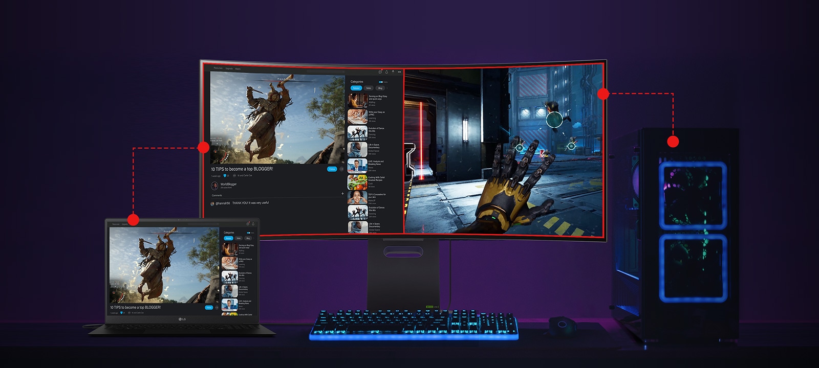 La pantalla dividida entre portátil y PC.