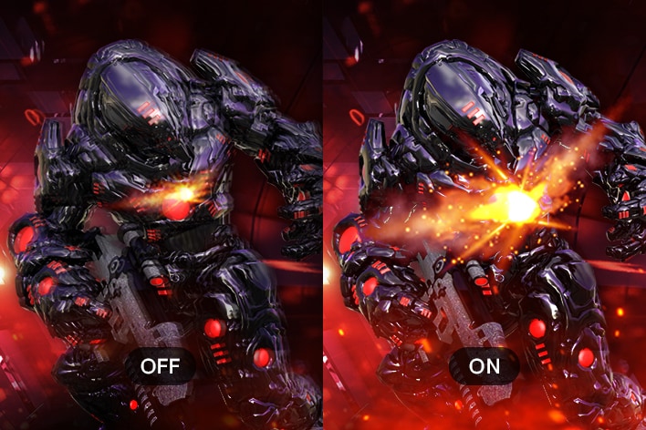 Comparison image of a futuristic armored soldier, with the left side appearing darker and less detailed (OFF) and the right side brighter and more vivid with glowing effects (ON).