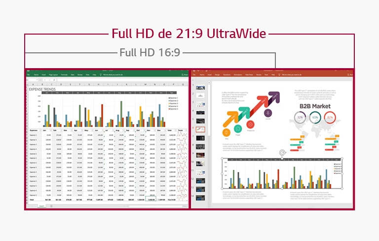 Imagen de visualización de hojas de datos y diapositivas de lado a lado en la pantalla Full HD de 21:9 UltraWide, mientras que la pantalla Full HD de 16:9 no lo permite debido a la falta de espacio.