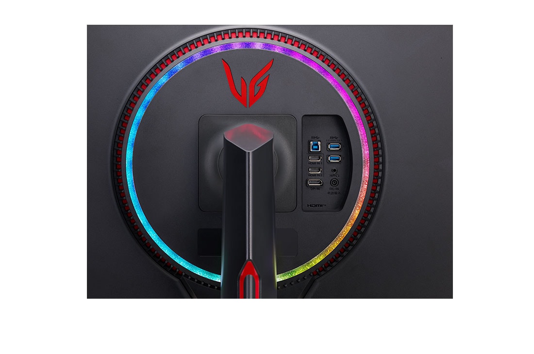 LG 27GP950-B - Monitor Gaming LG UltraGear (Panel NanoIPS: 3840x2160, 400nit, 1000:1, DCI-P3>98%, 1ms); diag. 68,47cm; entr.: HDMI 2.1 x2, DPx1, USB-Ax3; AMD Freesync G-Sync Compatible, vista de la perspectiva trasera con luces multicolores encendidas, 27GP950-B, thumbnail 10