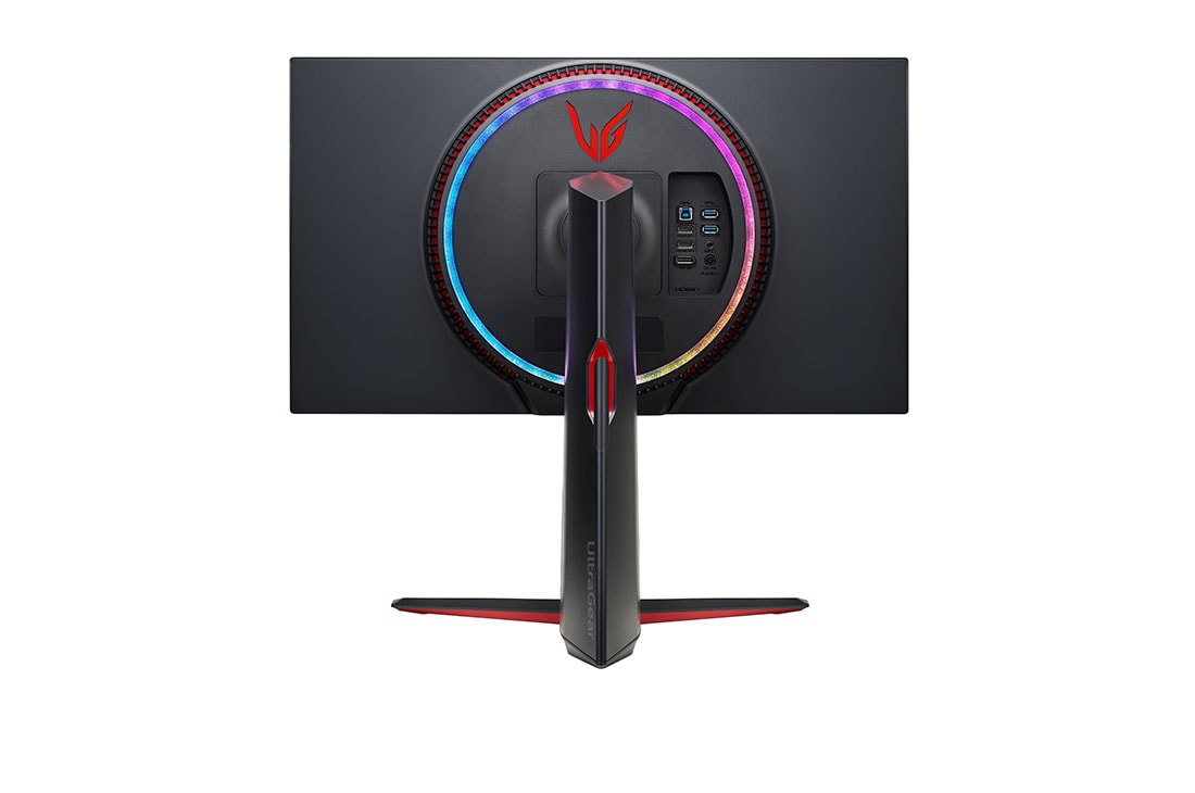 LG 27GP950-B - Monitor Gaming LG UltraGear (Panel NanoIPS: 3840x2160, 400nit, 1000:1, DCI-P3>98%, 1ms); diag. 68,47cm; entr.: HDMI 2.1 x2, DPx1, USB-Ax3; AMD Freesync G-Sync Compatible, vista trasera con luces de color blanco encendidas, 27GP950-B, thumbnail 6