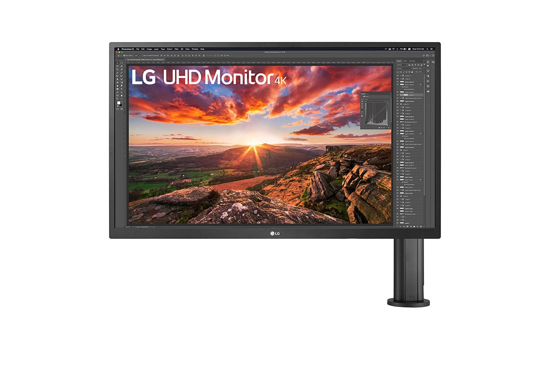 LG Monitor IPS UHD 4K de 27'' con Ergo, vista frontal con el brazo del monitor a la derecha, 27UK580-B