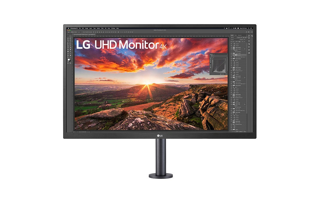 LG Monitor IPS UHD 4K de 27'' con Ergo, vista frontal con el brazo del monitor en el centro, 27UK580-B, thumbnail 2
