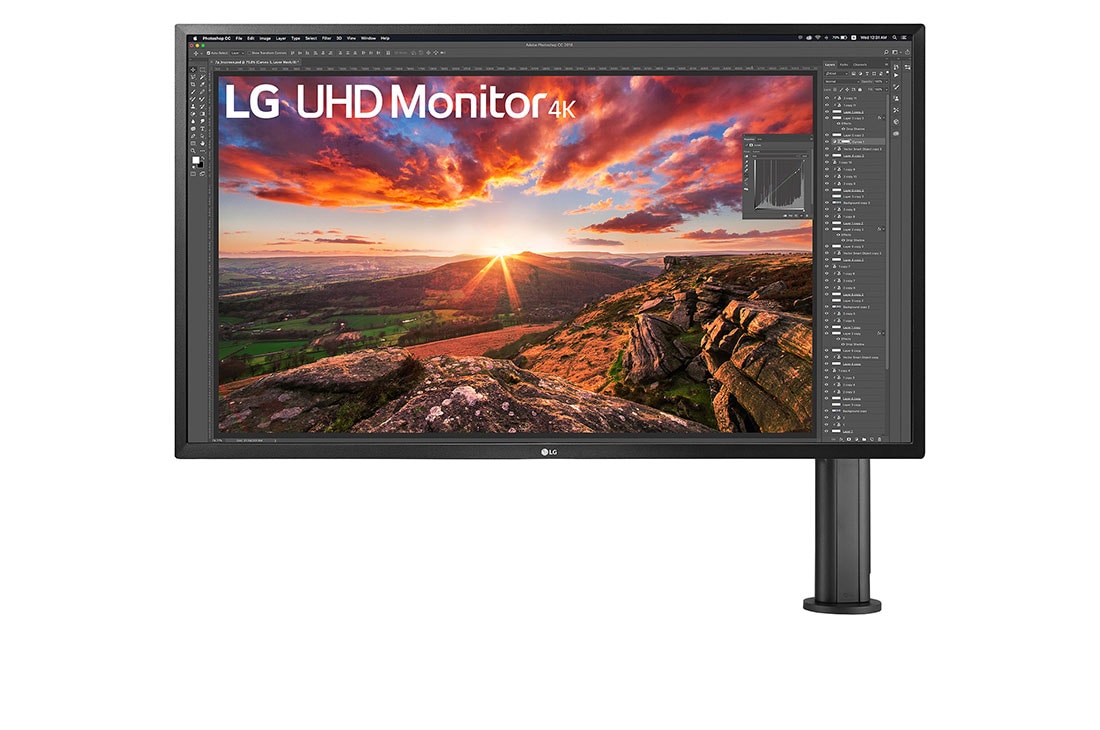 LG Monitor UHD 4K de 31,5'' con Ergo, vista frontal con el brazo del monitor a la derecha, 32UK580-B