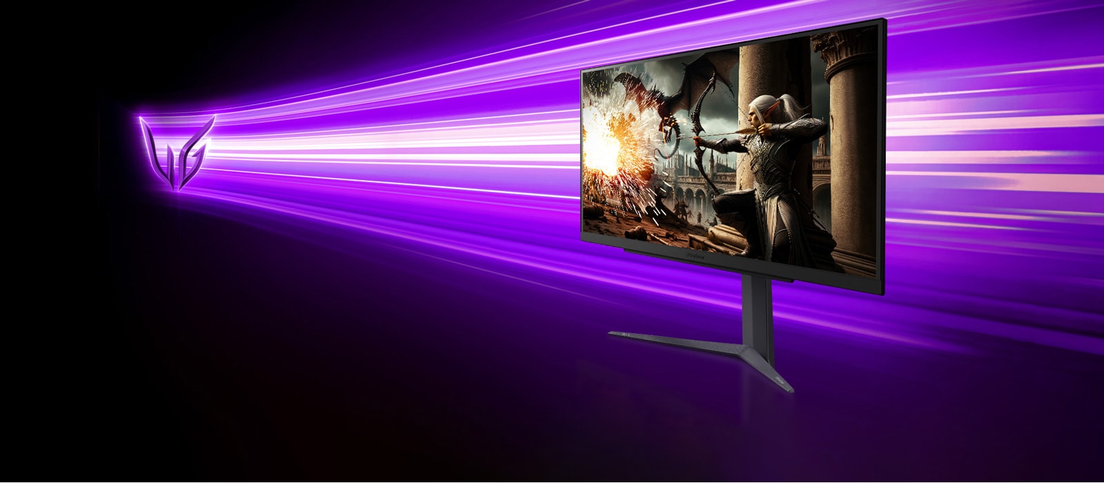 Side view of a monitor with a gaming archer character on the screen image.